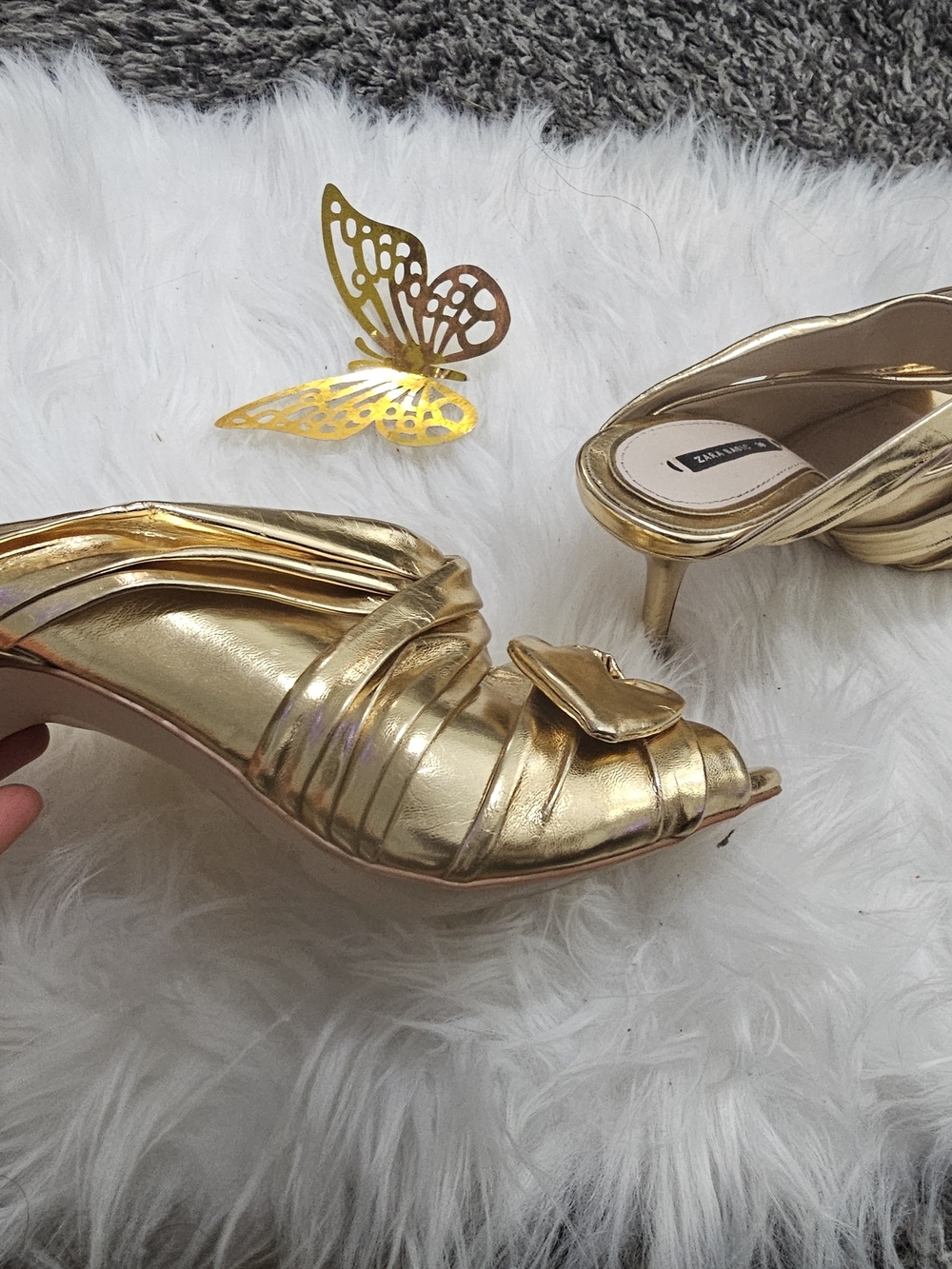 Zara Gold Metallic Peep-Toe Slip-On Mules with Bow Accent